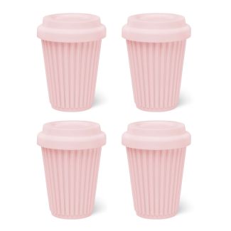 BYO Silicone Reusable Coffee Cup 340ml / 12 Oz in Pink with Pink Lid 4 Pack