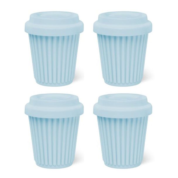BYO Silicone Reusable Coffee Cup 230ml / 8 Oz in Blue with Blue Lid 4 Pack