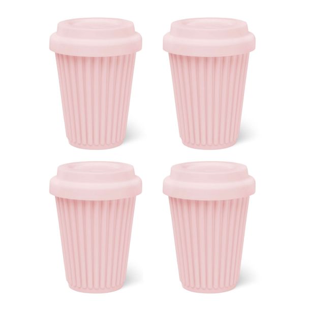 BYO Silicone Reusable Coffee Cup 340ml / 12 Oz in Pink with Pink Lid 4 Pack