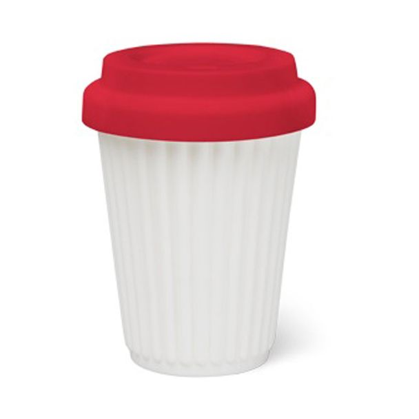 BYO Silicone Reusable Coffee Cup 340ml / 12 Oz in White with Red Lid