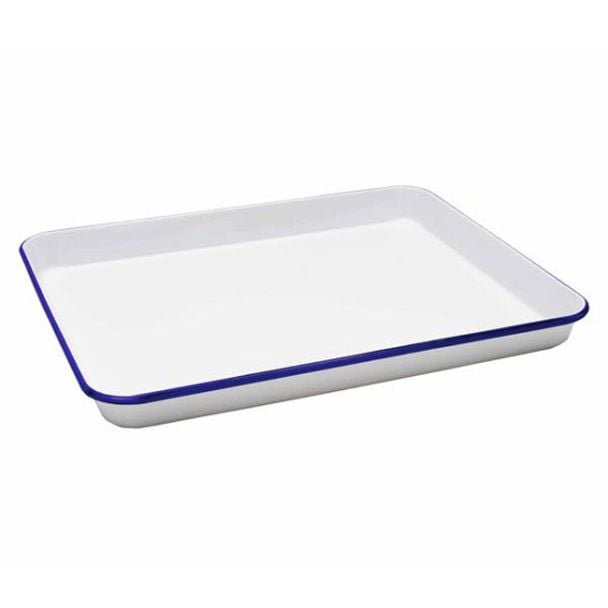 Falcon Enamelware Medium Swiss Roll Pan 28 x 22cm in White With Blue Rim Enamel [ RD2877 ]